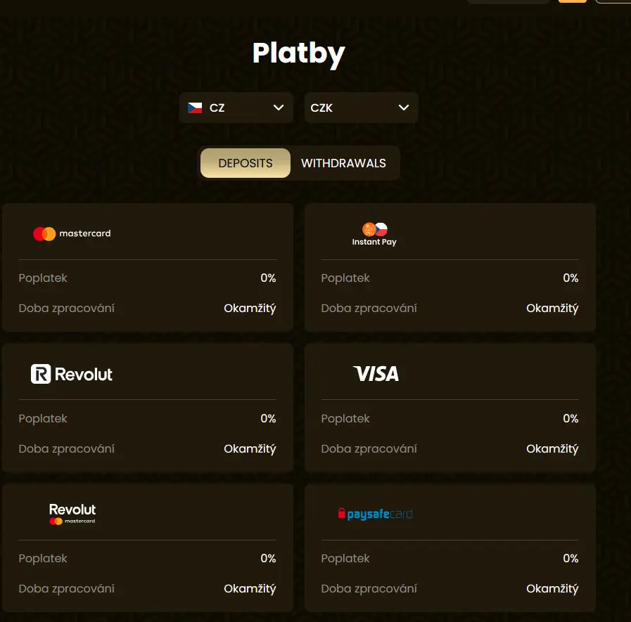 GoldSpin Casino platební metody